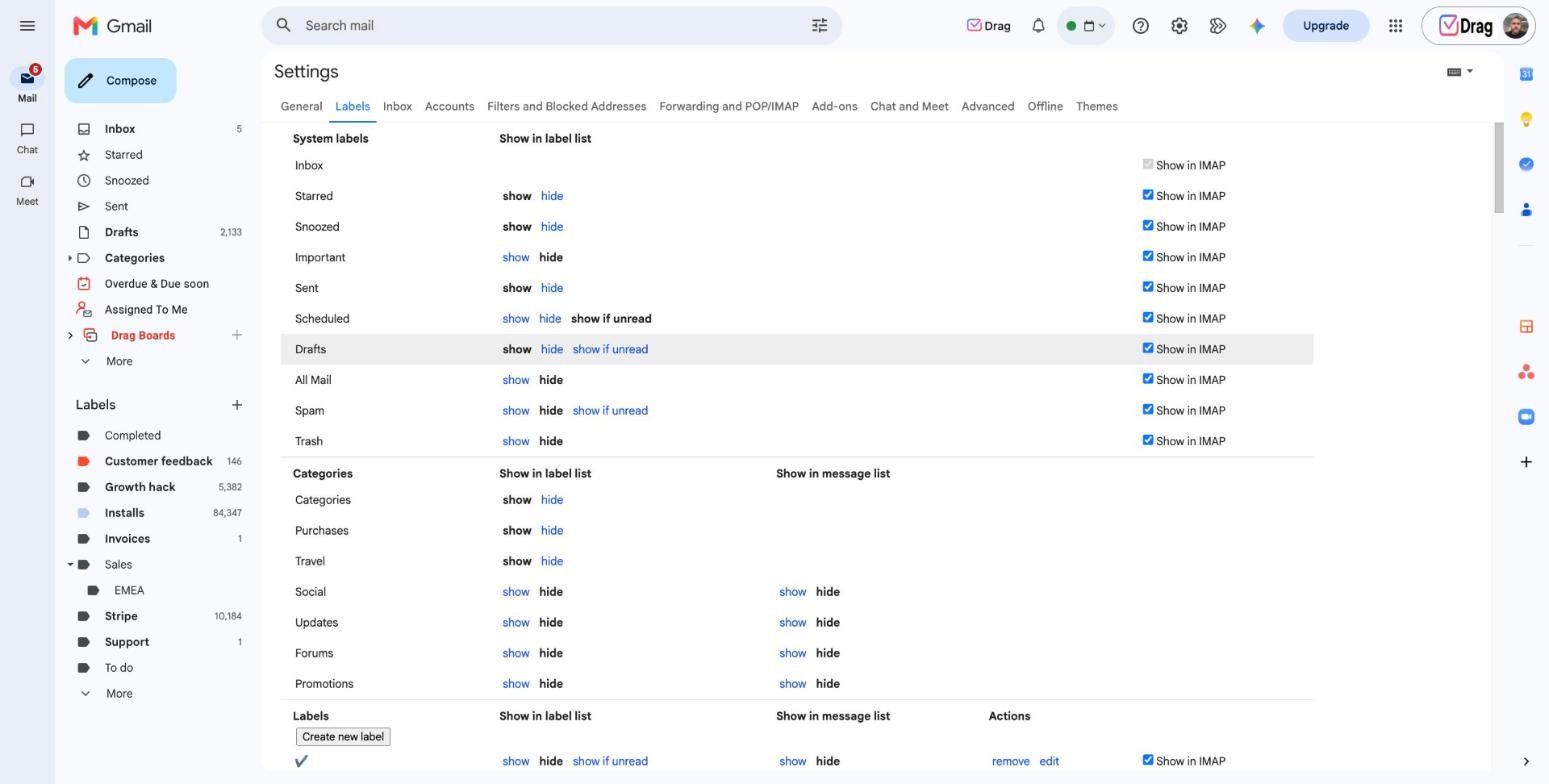 Gmail Settings Labels tab with the Create new label button