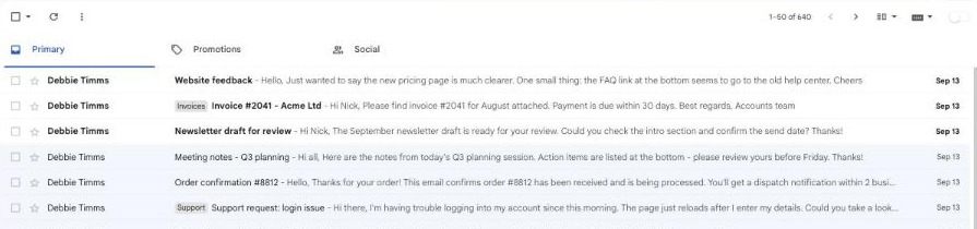 Gmail inbox with the Primary, Promotions and Social tabs visible