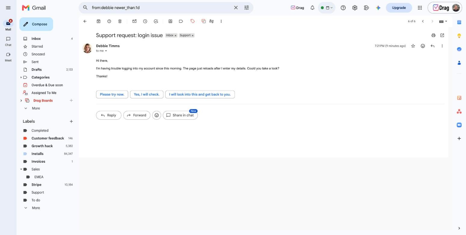 Gmail thread with removable label chips next to the subject