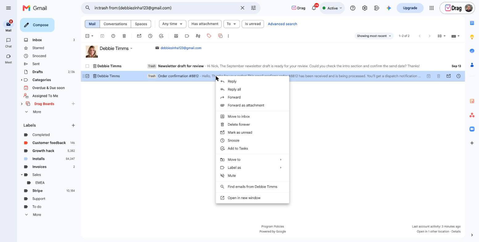 Gmail Trash folder with the right-click menu showing Move to inbox