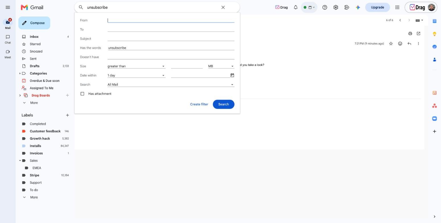 Gmail search options popup with unsubscribe in the Has the words field