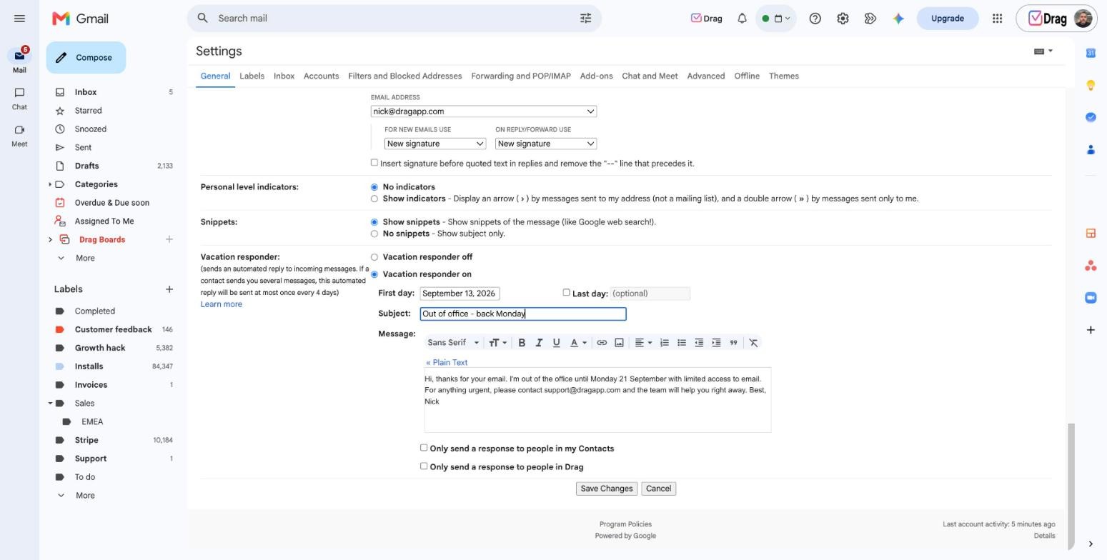 Gmail vacation responder settings filled in