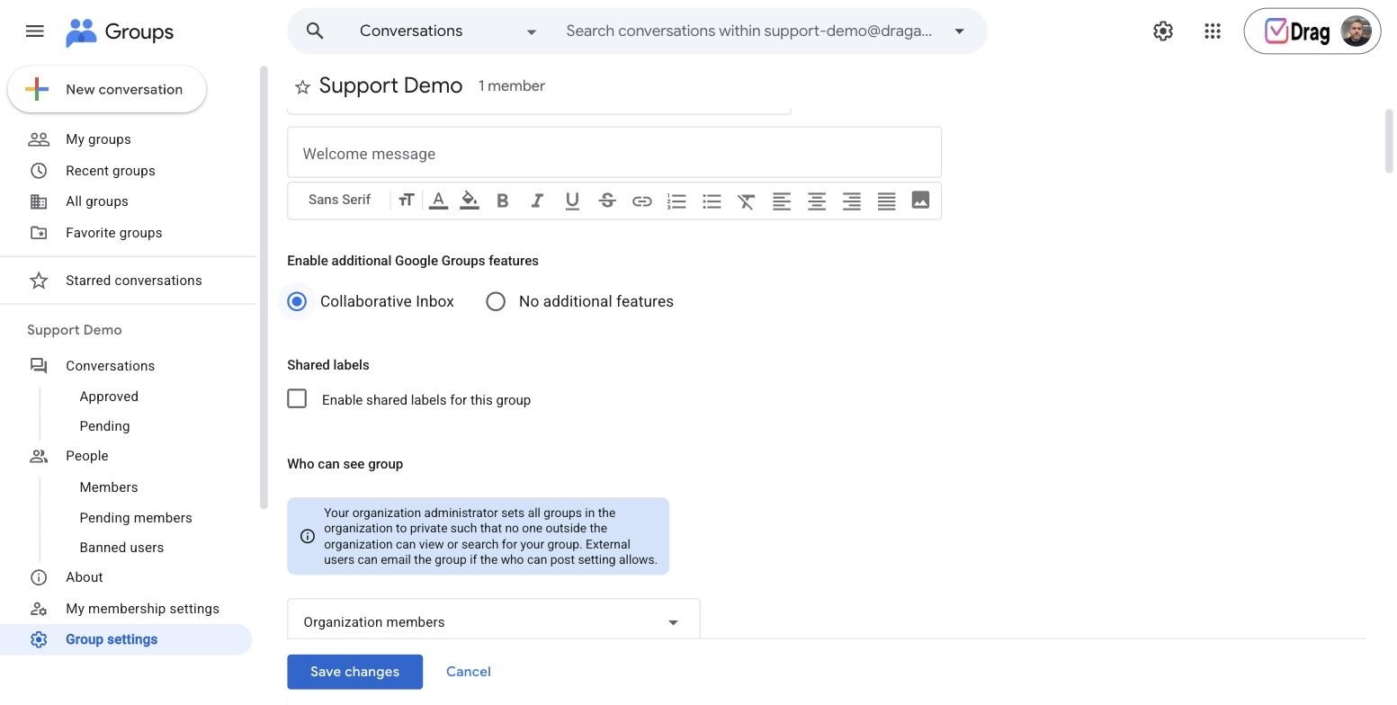 Google Groups settings with Collaborative Inbox selected under Enable additional Google Groups features