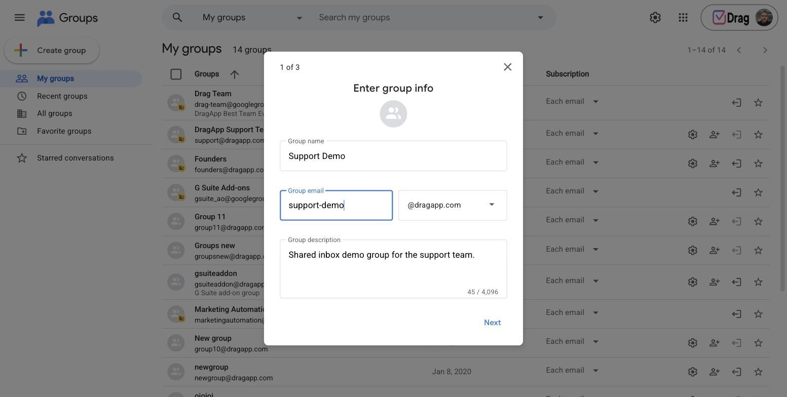 Caixa de diálogo de criação de grupo nos Grupos do Google, com os campos de nome, e-mail e descrição