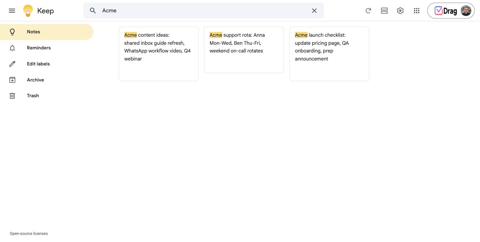 Google Keep board with three staged notes