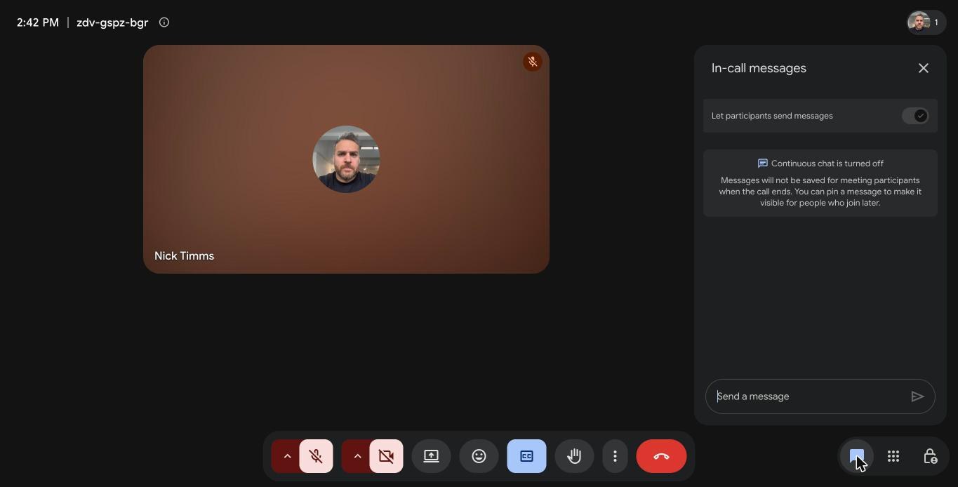 The in-call messages panel in Google Meet