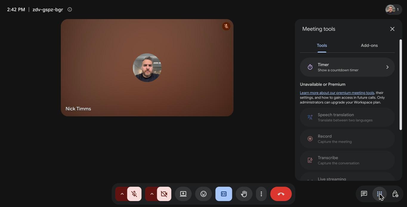 The Meeting tools panel with the Record and Transcribe options