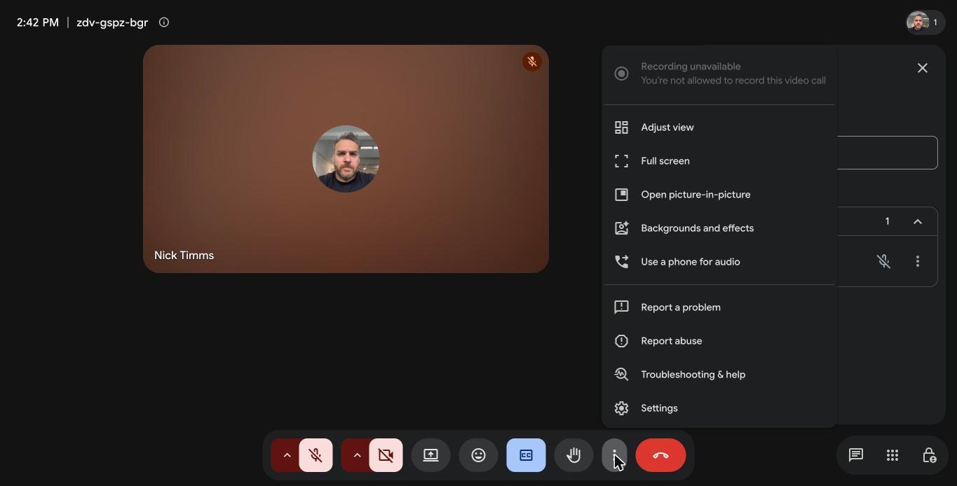 The More options menu in a Google Meet call