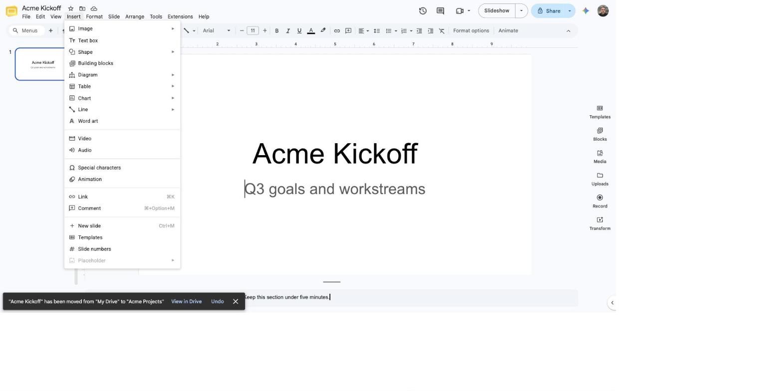 Inserting a linked audio track on a Google Slides slide