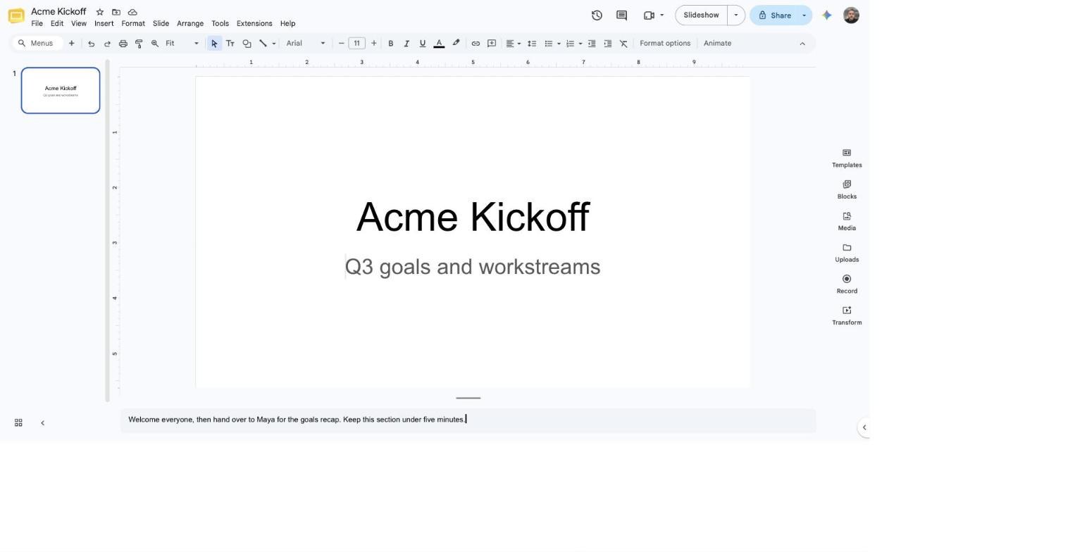 An empty Google Slides slide with the speaker notes field below the canvas