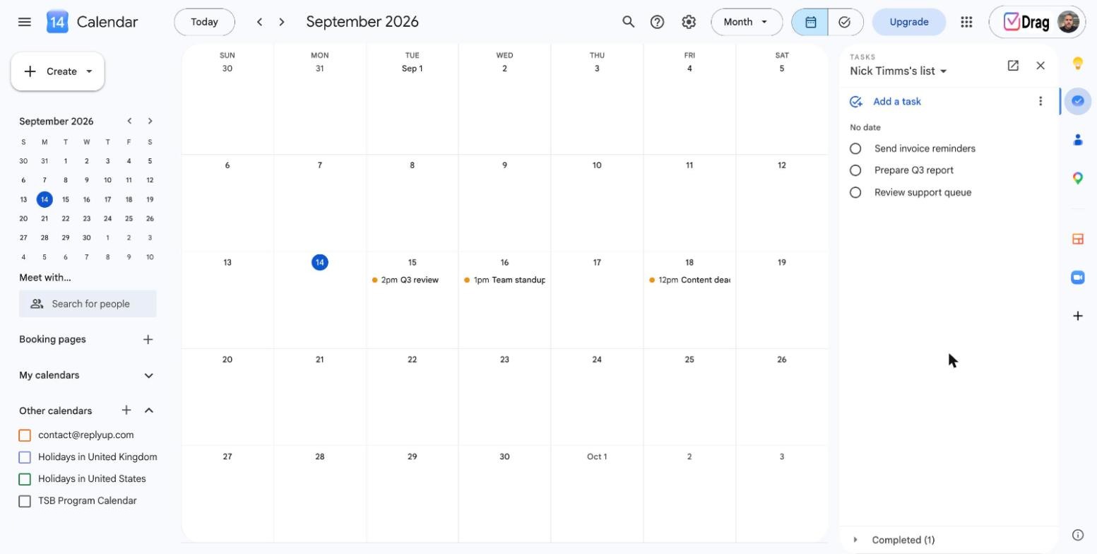 Google Tasks side panel with a staged to-do list