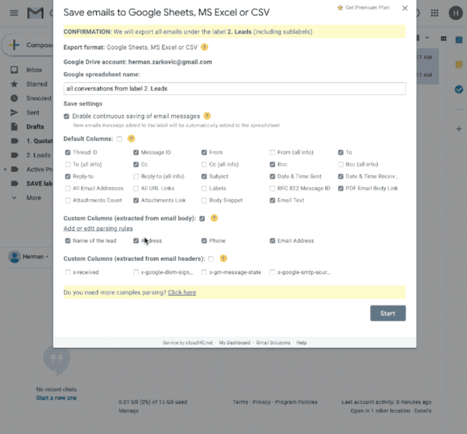 Export Emails to Sheets interface