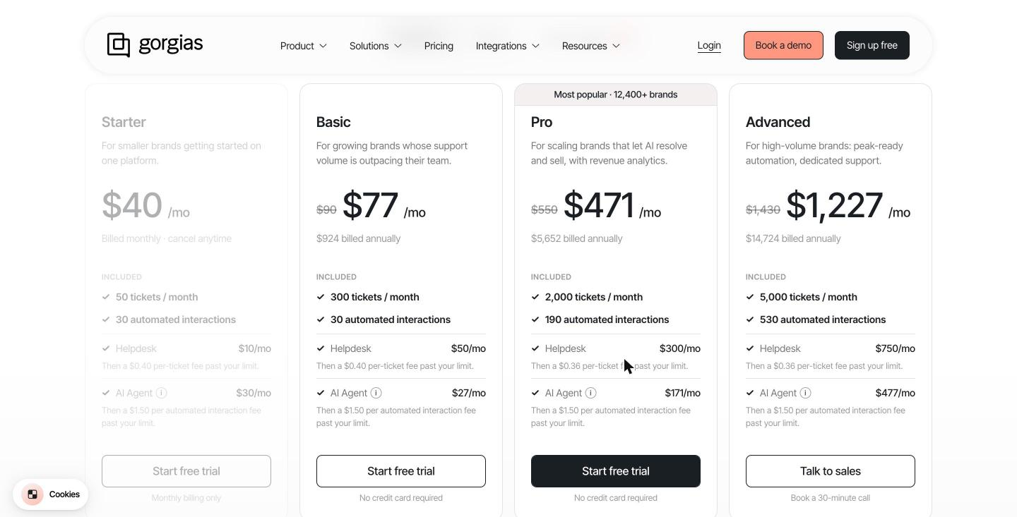 Gorgias's 2026 pricing page on the annual toggle with AI Agent on: Starter, Basic, Pro, and Advanced, each split into a Helpdesk line and an AI Agent line with per-ticket and per-interaction overage rates