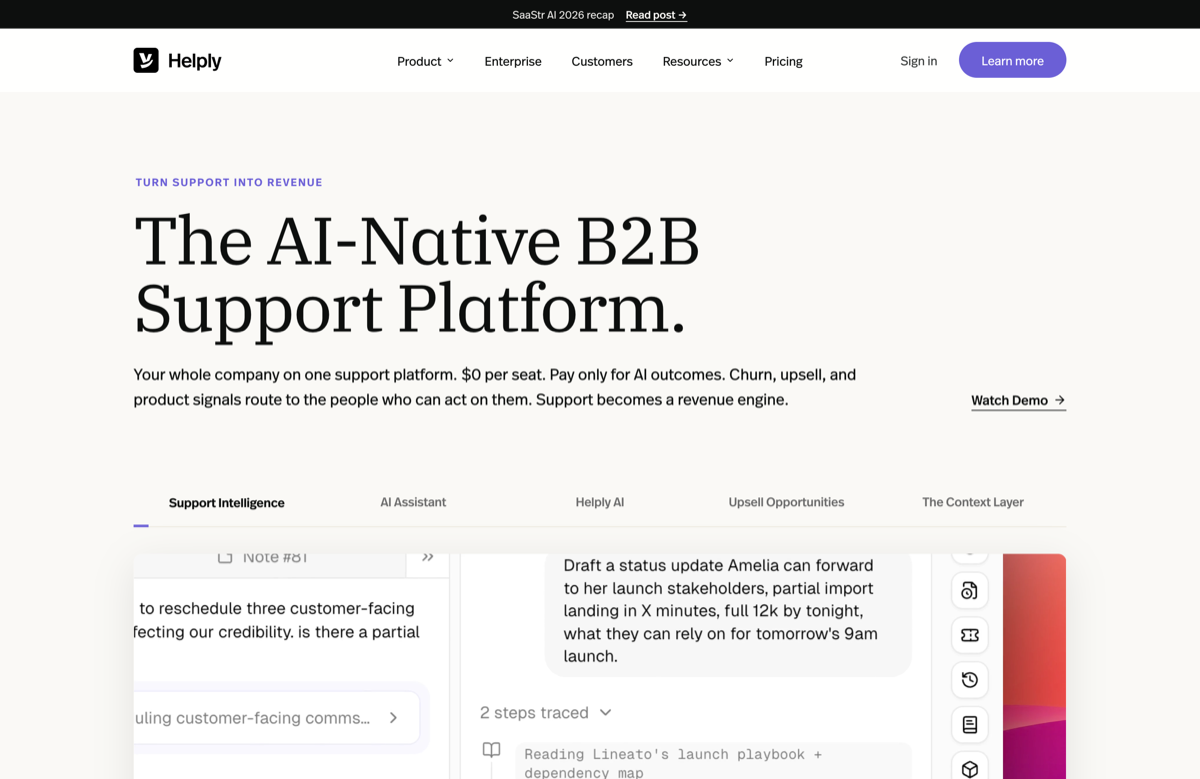 Helply homepage, the AI-native rebrand of Groove