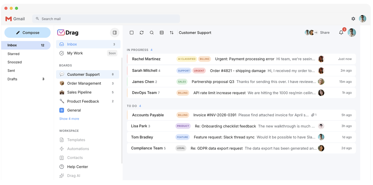 DragApp shared inbox and boards inside Gmail