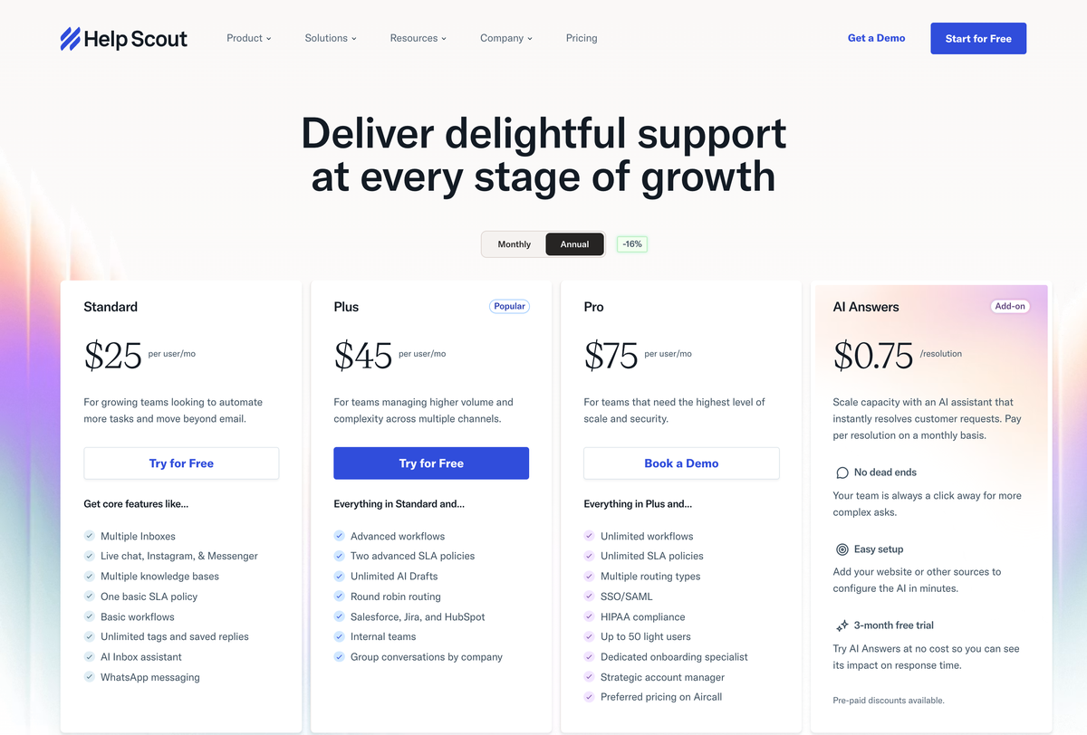 Help Scout's 2026 pricing page: Free, Standard $25, Plus $45, and Pro $75 per user a month