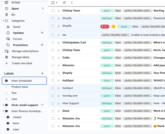Hiver in Gmail, from Hiver's own product image: emails tagged with the assignee's name, and Hiver's open, closed and per-person labels in the Gmail sidebar.