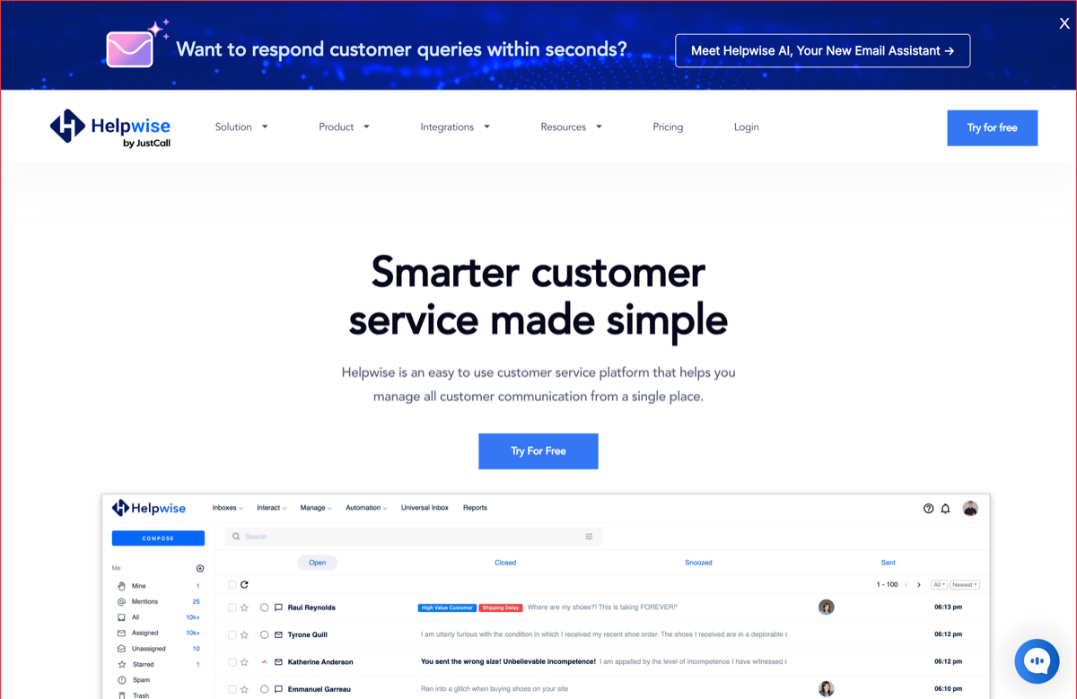 Helpwise homepage, the standalone multichannel shared inbox
