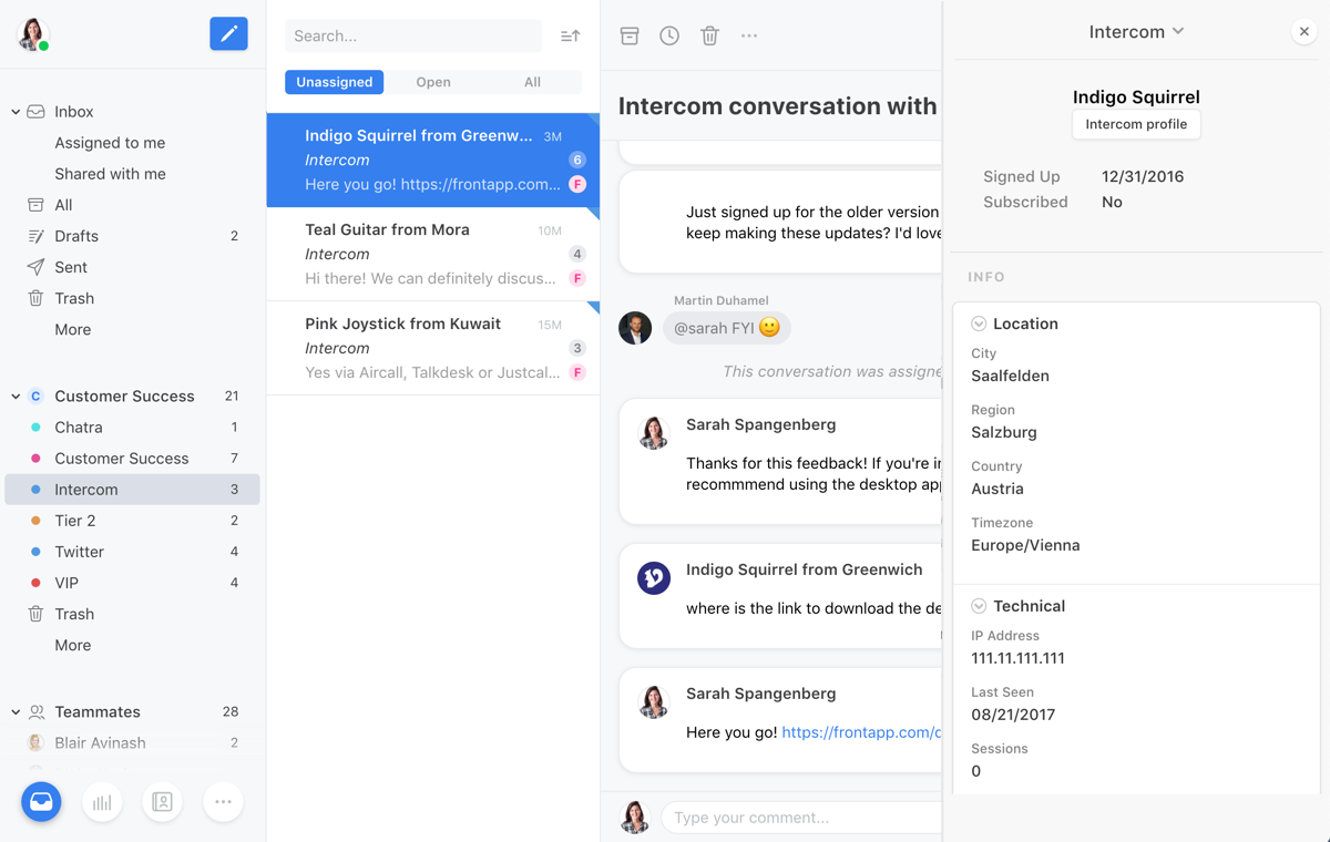 Front shared inbox with conversation and contact context