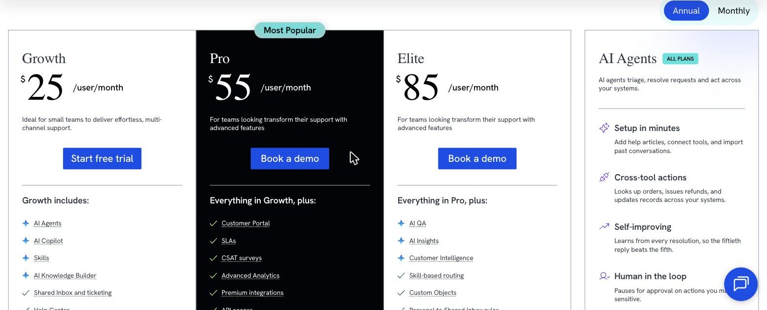 Hiver in Gmail pricing, September 2026: Growth $25, Pro $55, and Elite $85 per user a month on the annual toggle, with the AI Agents panel beside the plans