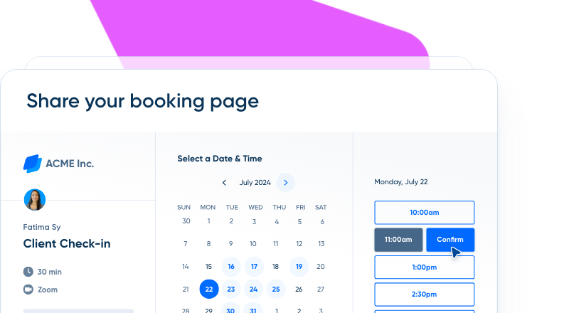Calendly booking page with a client check-in event, date picker and time slots