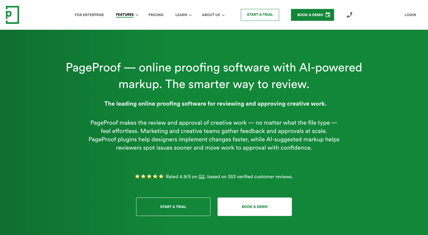 The PageProof homepage, positioning it as online proofing software with AI-powered markup