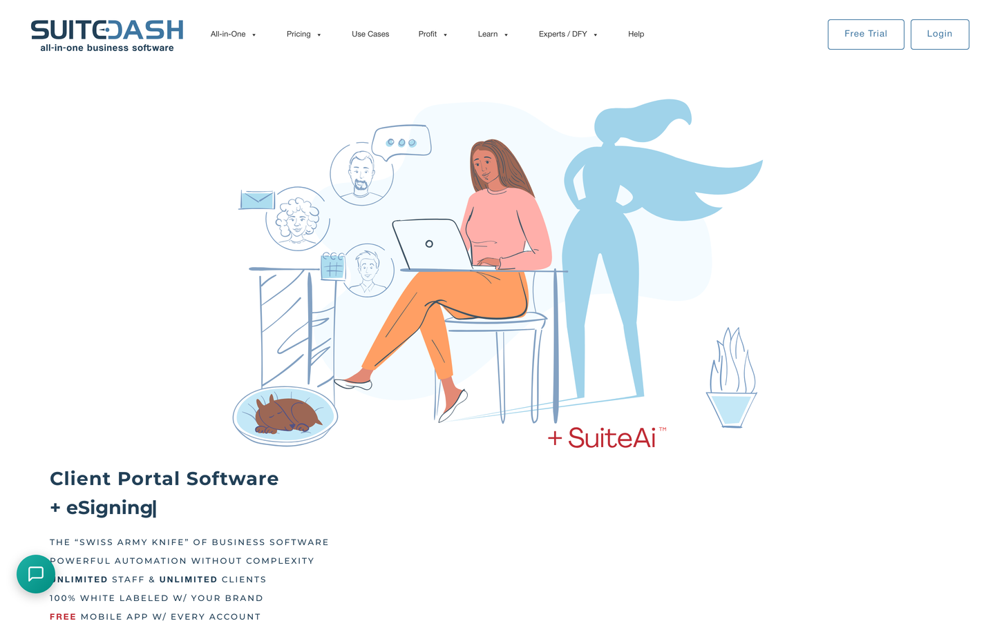The SuiteDash homepage, positioning it as client portal software with unlimited staff and clients