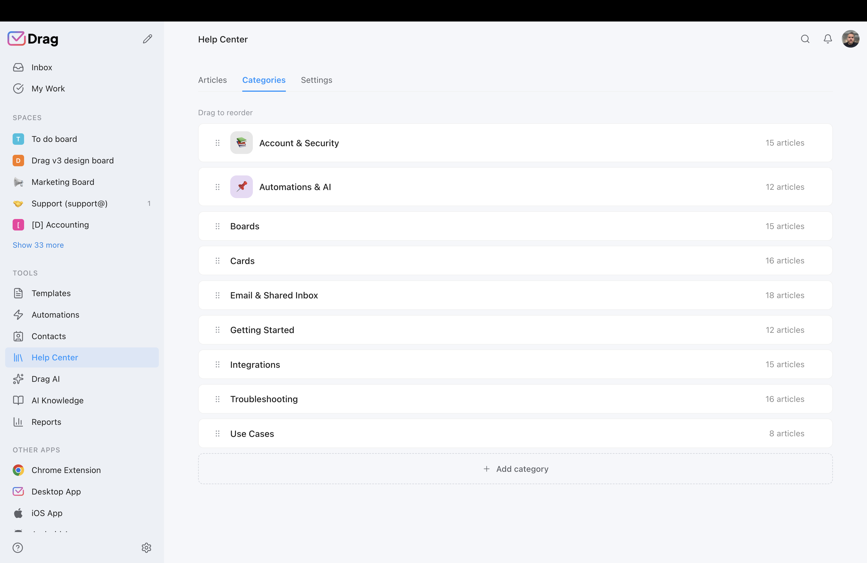 Drag customer-facing help center with AI-grounded knowledge base