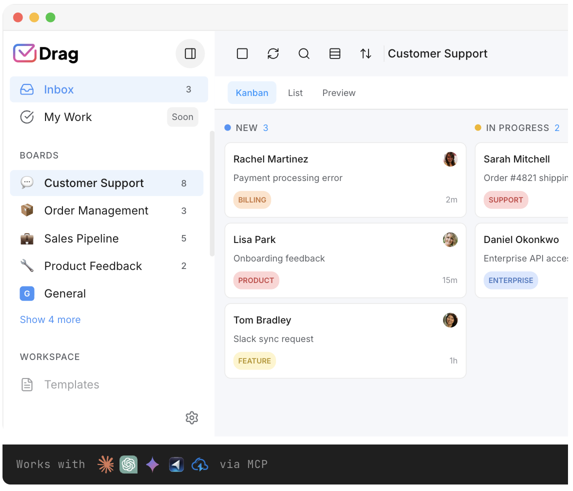 Drag Kanban board with email cards organised in columns