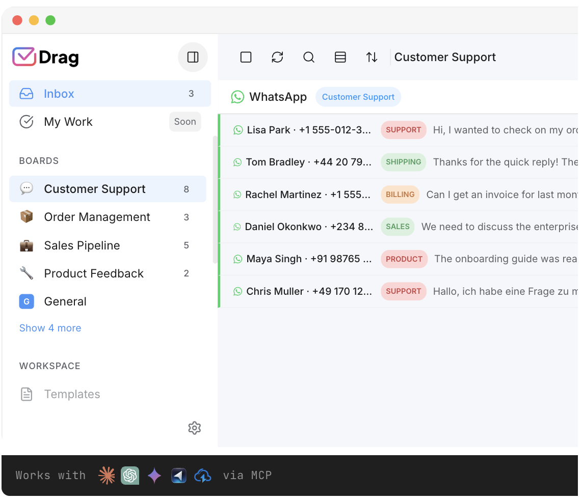 Drag WhatsApp shared inbox with team assignment and tags