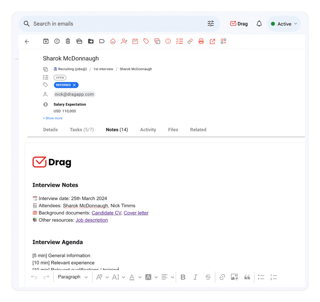 notes in email detailed view