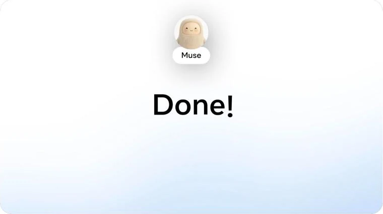 Muse's character in Meta's launch video: a small cream-colored figure with a Muse label above the word Done.