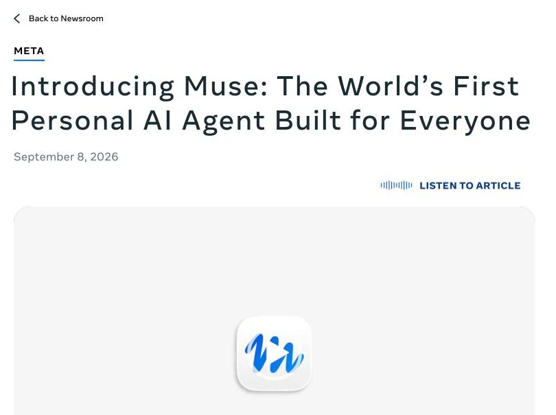 Meta's announcement of Muse, September 8, 2026: the headline Introducing Muse: The World's First Personal AI Agent Built for Everyone, above the Muse app icon.