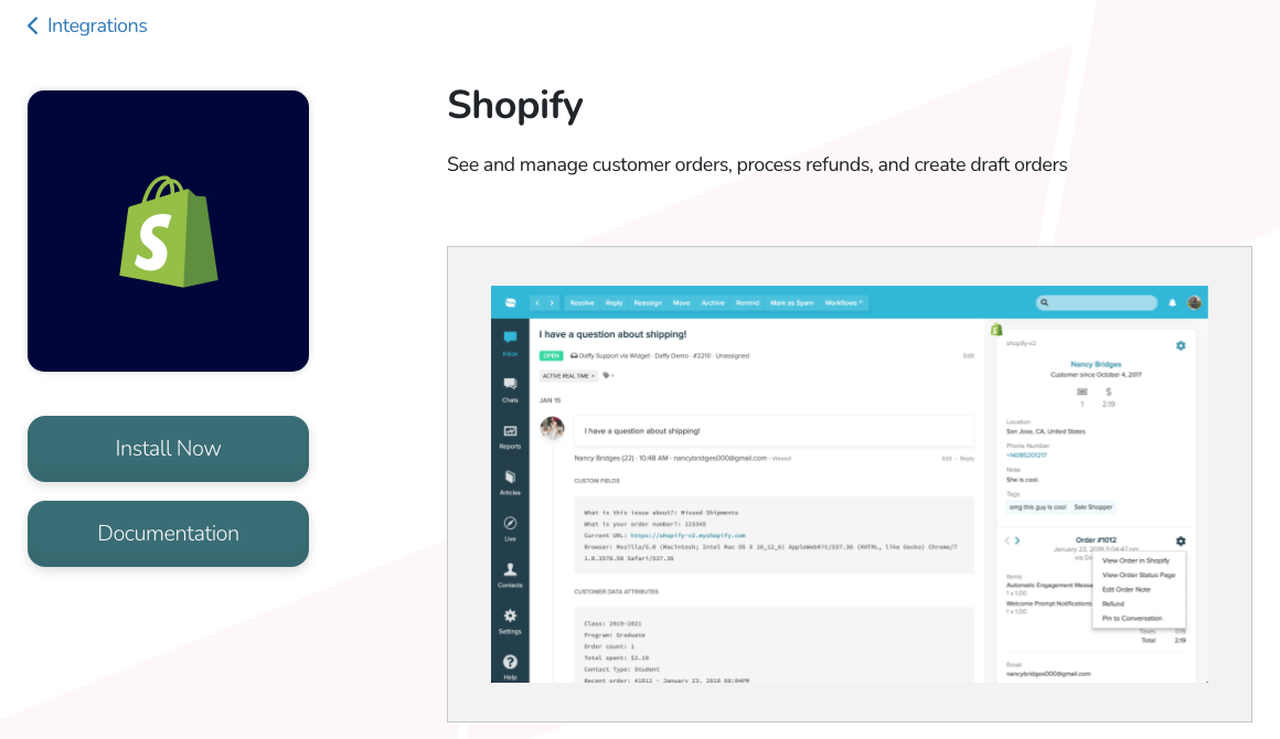 Re:amaze Shopify integration showing order data, refunds, and store actions inside the ticket