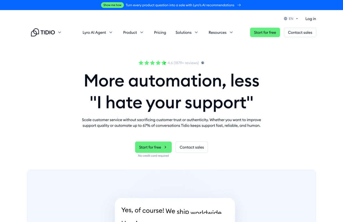 Tidio homepage showing its chat-first widget suite