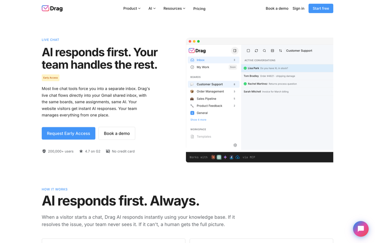 Drag live chat flowing into the Gmail shared inbox alongside support and order-management boards