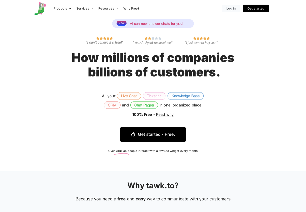 Tawk.to homepage: 100% free live chat, ticketing, knowledge base, and CRM in one place
