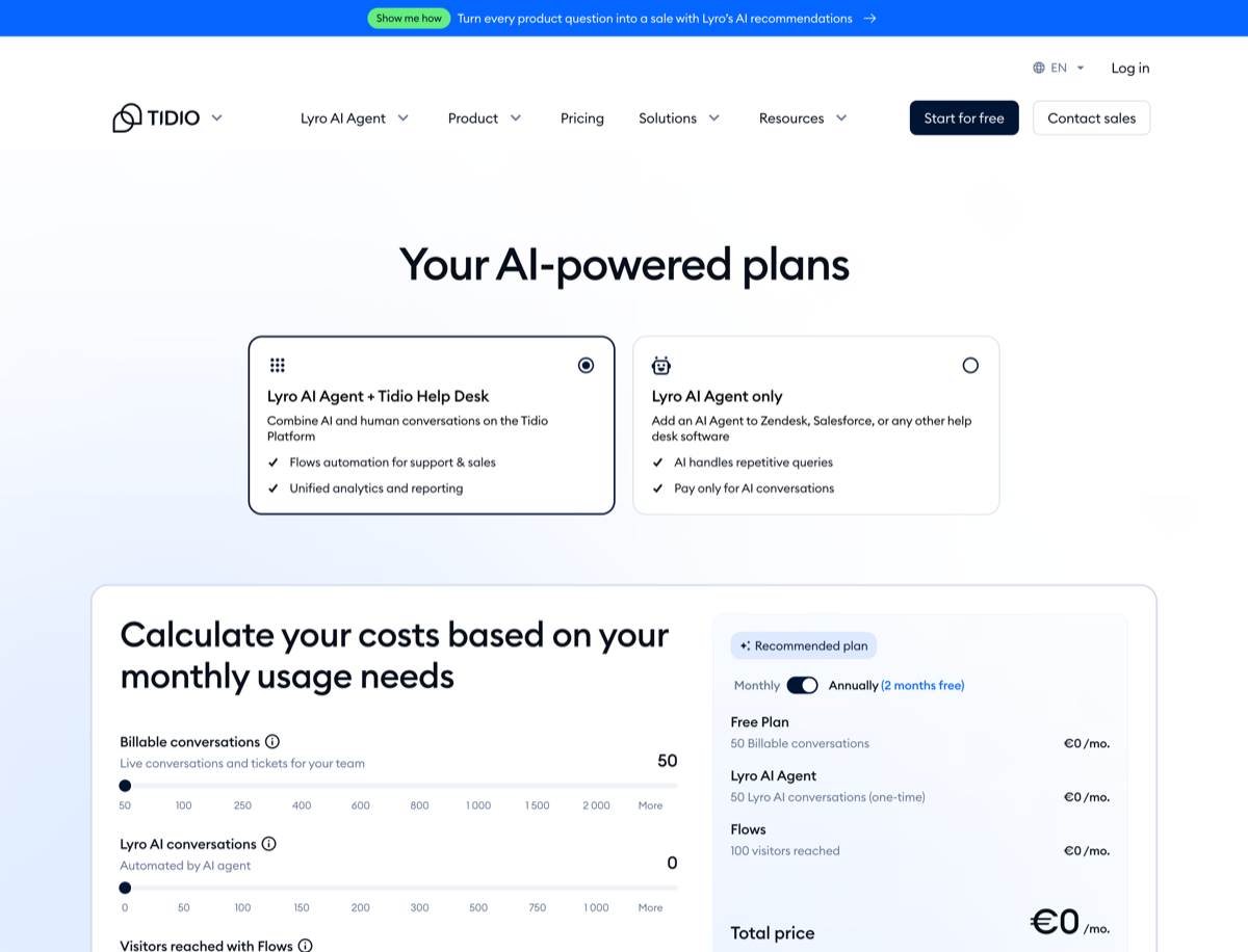 Tidio pricing calculator showing three separate meters: billable conversations, Lyro AI conversations, and Flows visitors reached