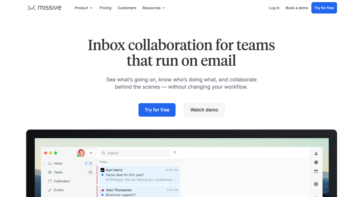 Missive's homepage in 2026