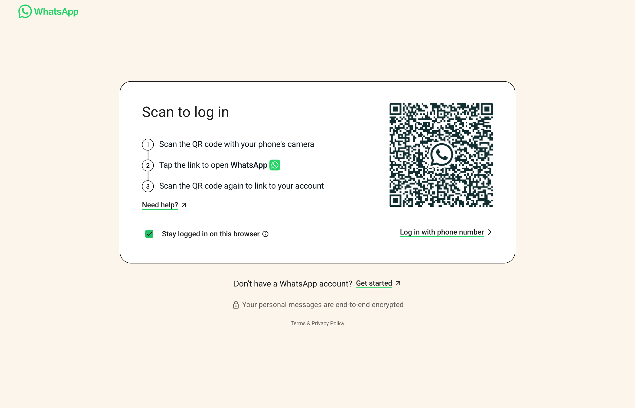 The WhatsApp Web "Scan to log in" screen with its QR code at web.whatsapp.com