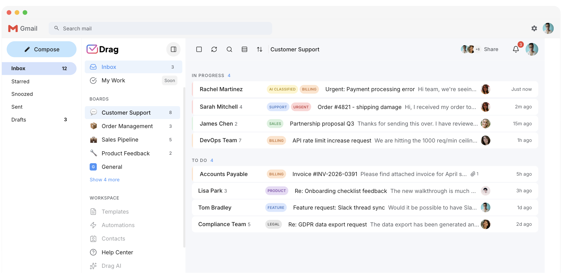 The Drag board view: the shared inbox as a board inside Gmail