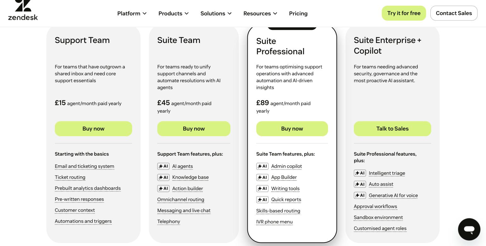 Zendesk's 2026 pricing page as served to a UK visitor on the yearly toggle: Support Team, Suite Team, Suite Professional, and quote-only Suite Enterprise + Copilot, with AI-tagged feature ladders on every Suite card