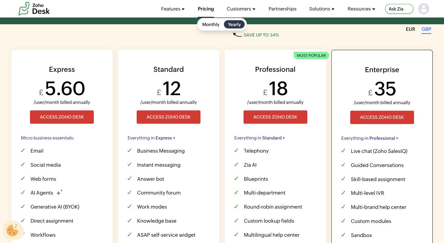 Zoho Desk's 2026 pricing page as served to a UK visitor on the yearly toggle: Express, Standard, Professional, and Enterprise cards at £5.60, £12, £18, and £35 per user per month billed annually, with EUR and GBP currency tabs