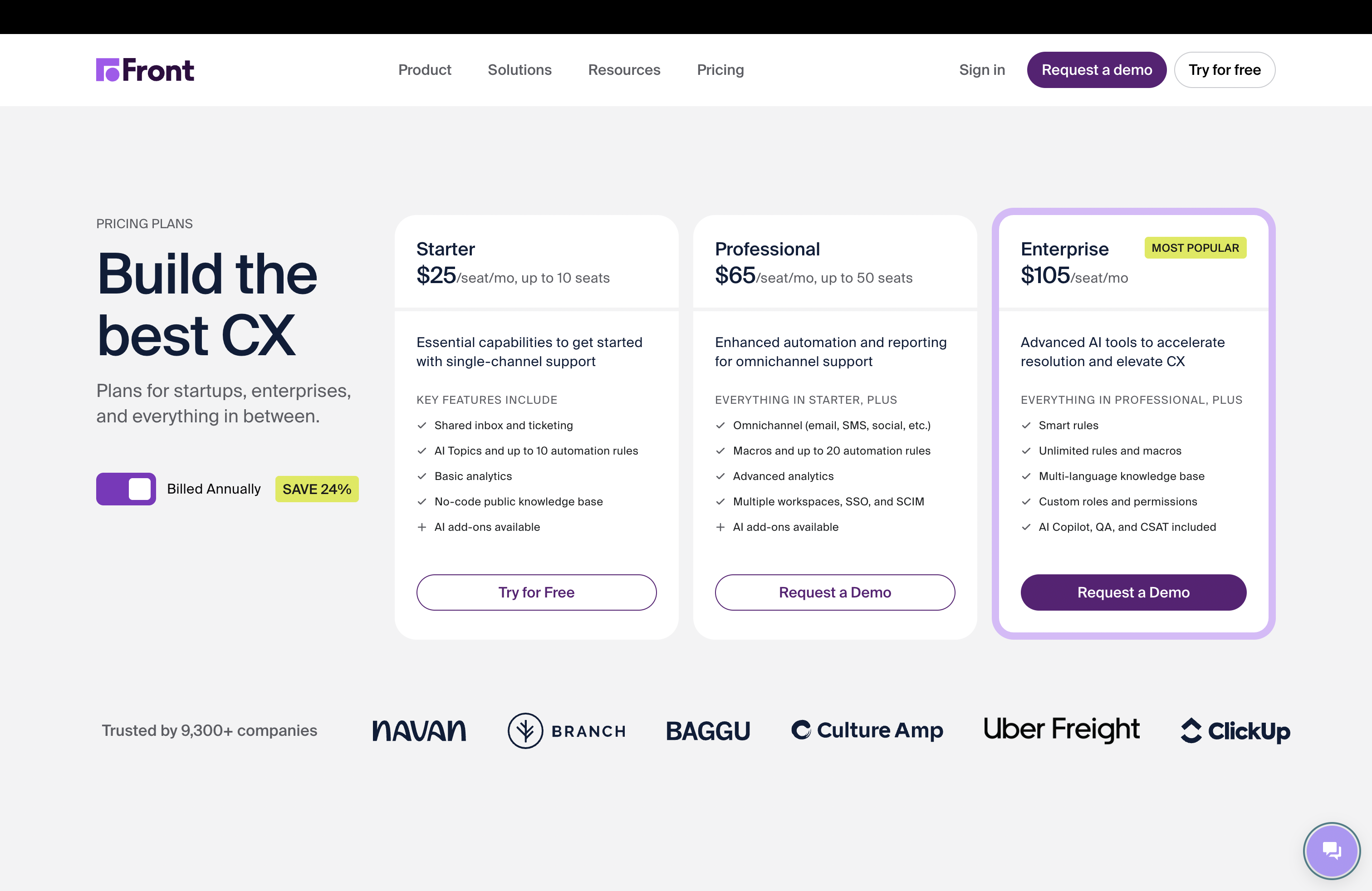 Front pricing page showing Starter at $25, Professional at $65, and Enterprise at $105 per seat per month