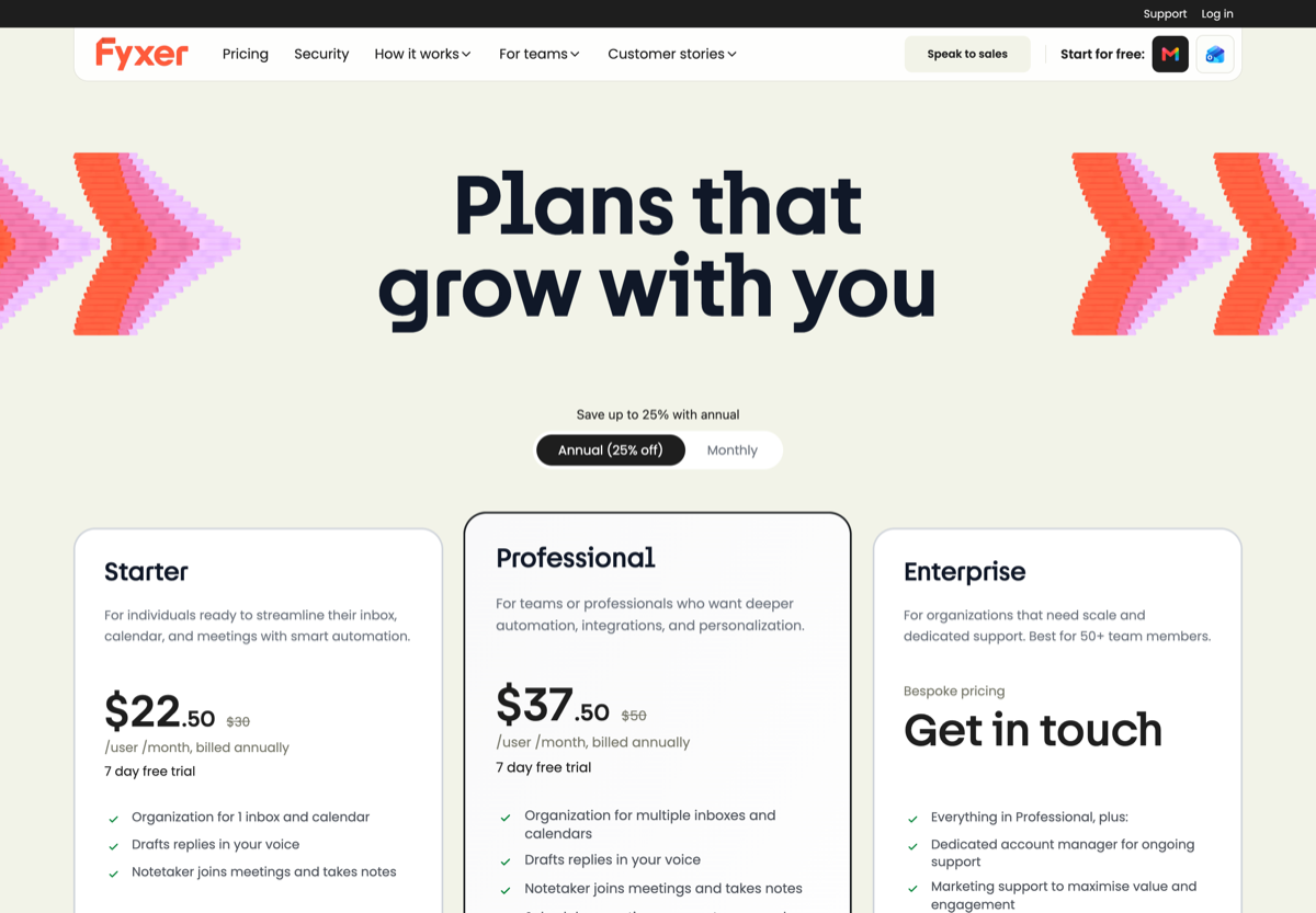 Fyxer pricing page showing Starter at $30 per user per month and Professional at $50, billed per seat