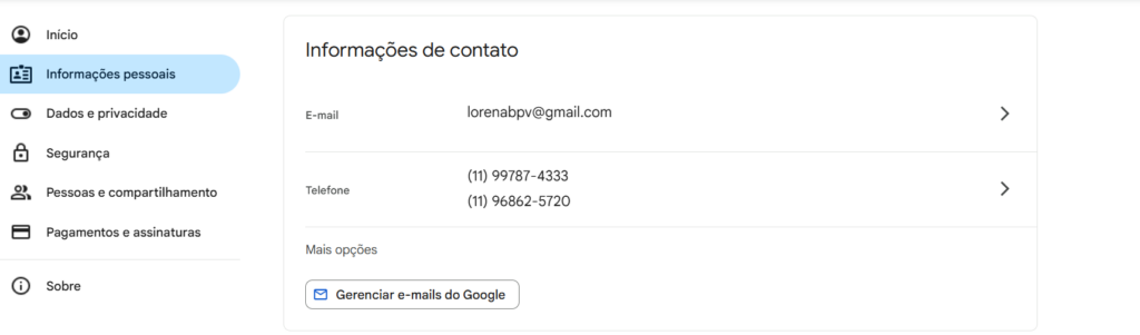 gmail sem celular informações pessoais