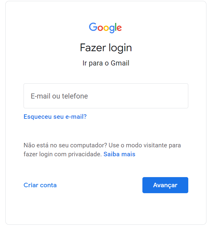 Tela de login do Google para o Gmail, com a opção Criar conta
