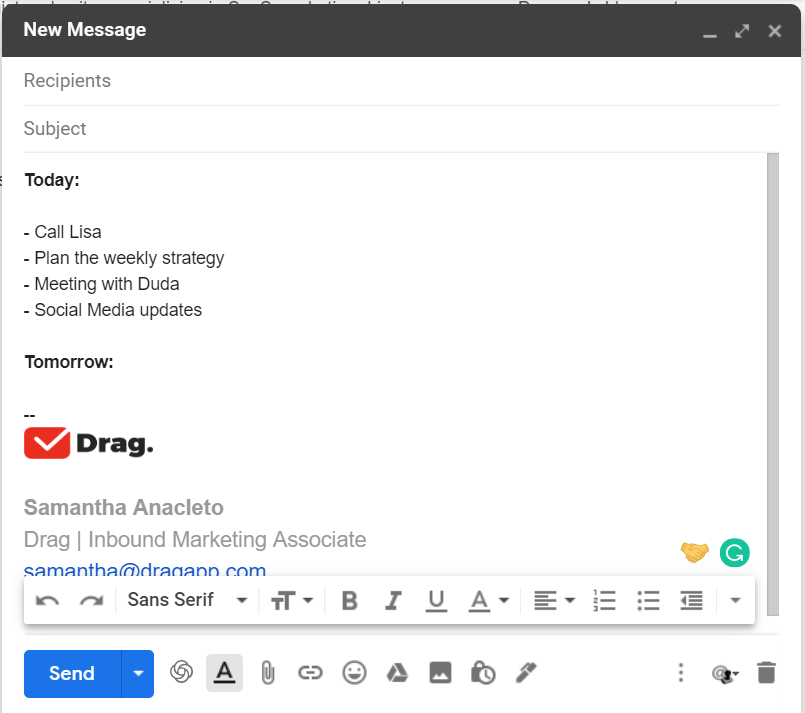 Compose email screenshot with list of tasks