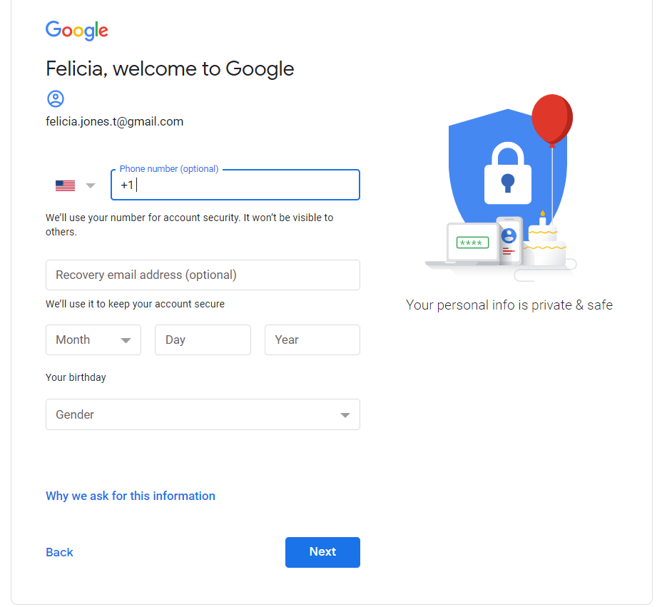 Creating Google account sign up page