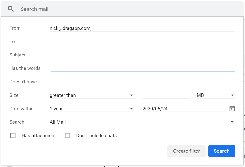 Screenshot of Gmail create a filter popup